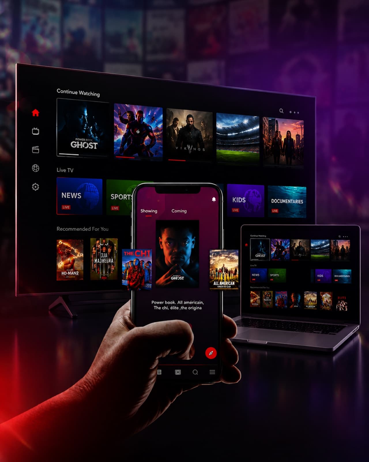 Interface IPTV Smarters Pro affichée sur un téléviseur 4K HDR10 avec liste de chaînes et EPG