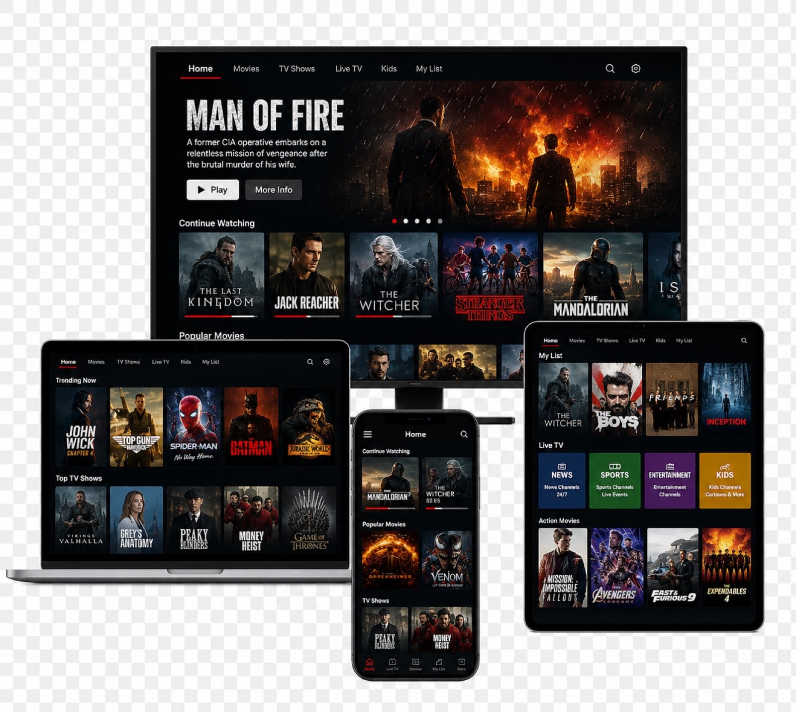 Application IPTV multi-appareils — TV connectée, ordinateur portable et smartphone diffusant la même playlist