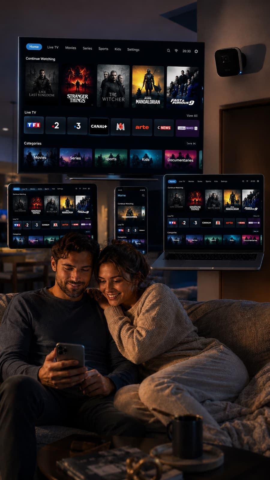 Salon français équipé d'un abonnement IPTV — multiplex Ligue 1 sur Smart TV Samsung, replay sur tablette et flux 4K HEVC sur Apple TV 4K