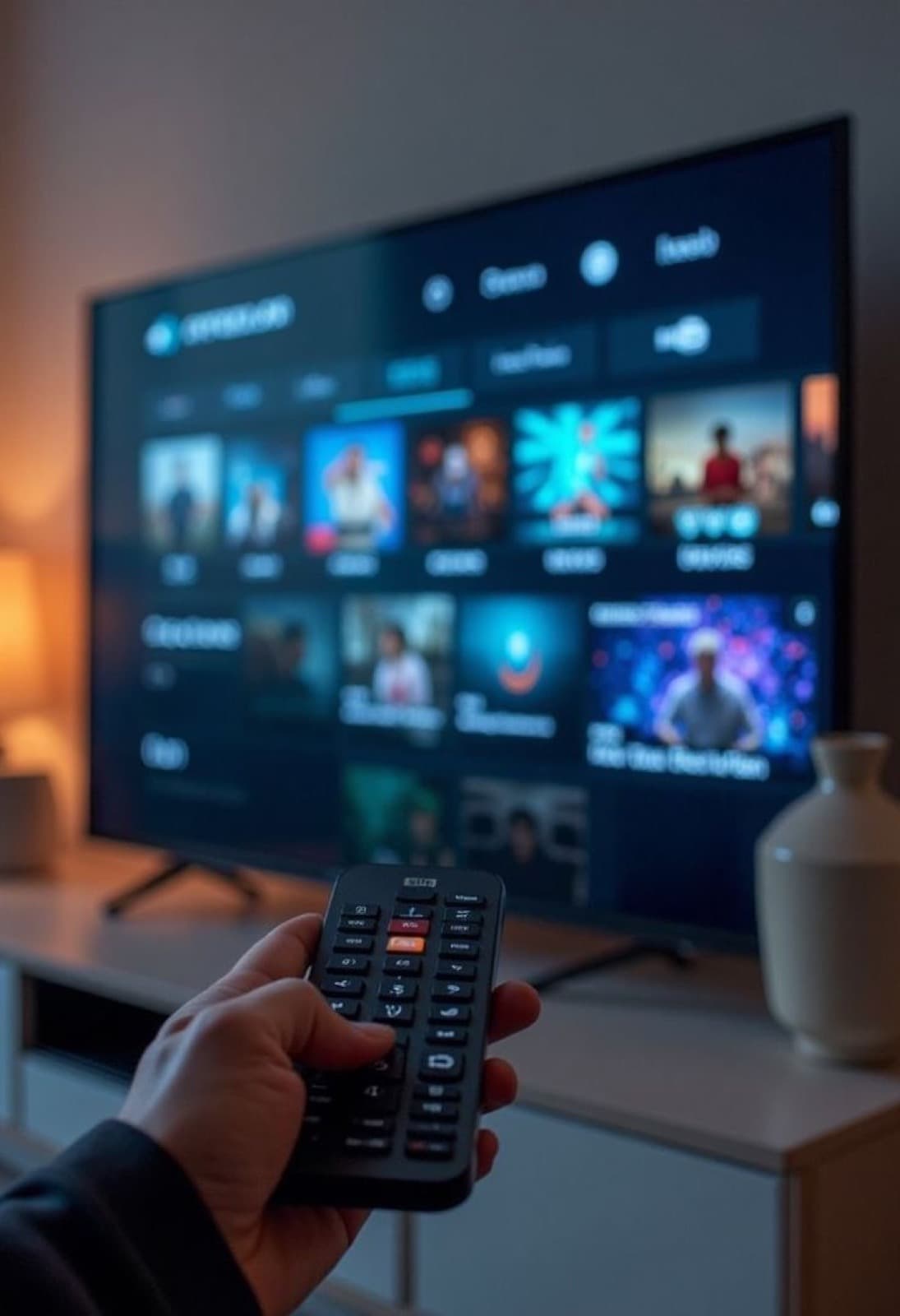 Salon en soirée — test IPTV multi-écrans avec match en direct, replay et IPTV 4K en simultané