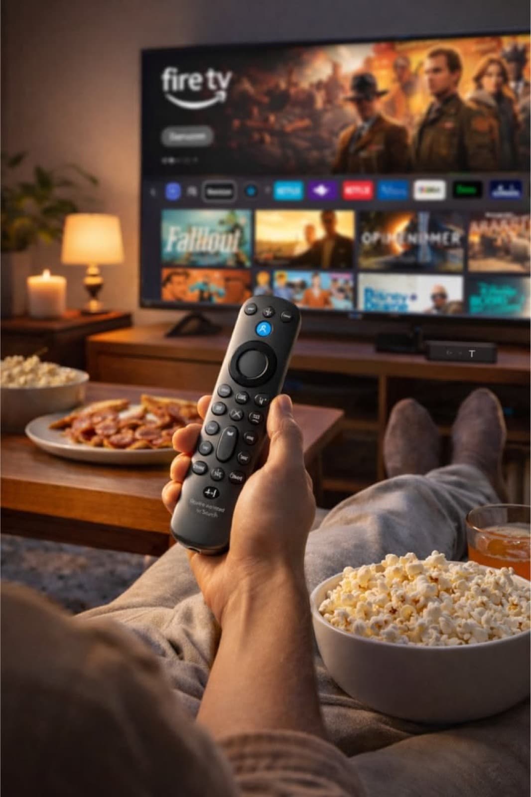 Télécommande Fire TV en main face à un téléviseur 4K diffusant une interface IPTV — choisir son boîtier IPTV en France