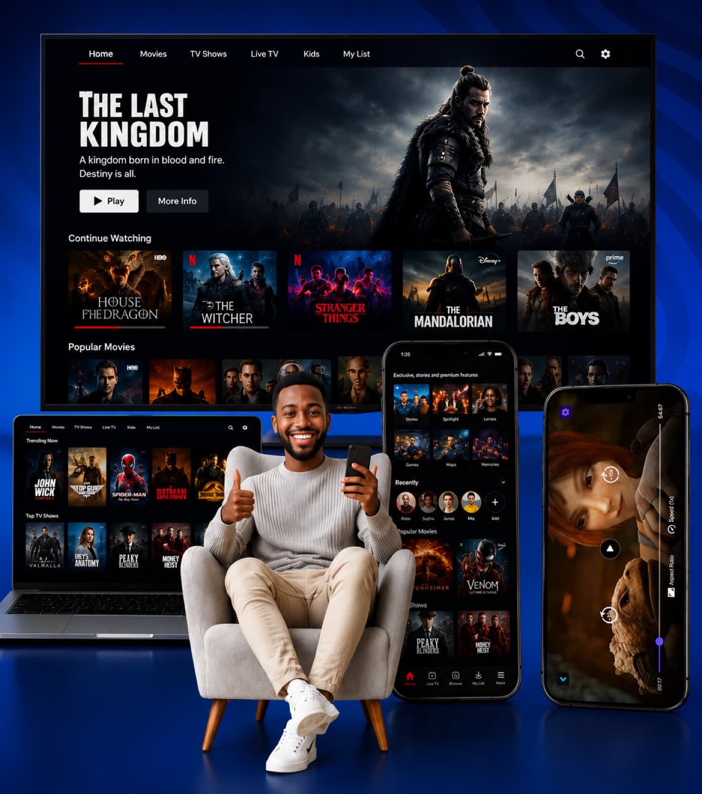 Smart TV affichant une interface IPTV Premium en 4K HDR avec EPG et VOD